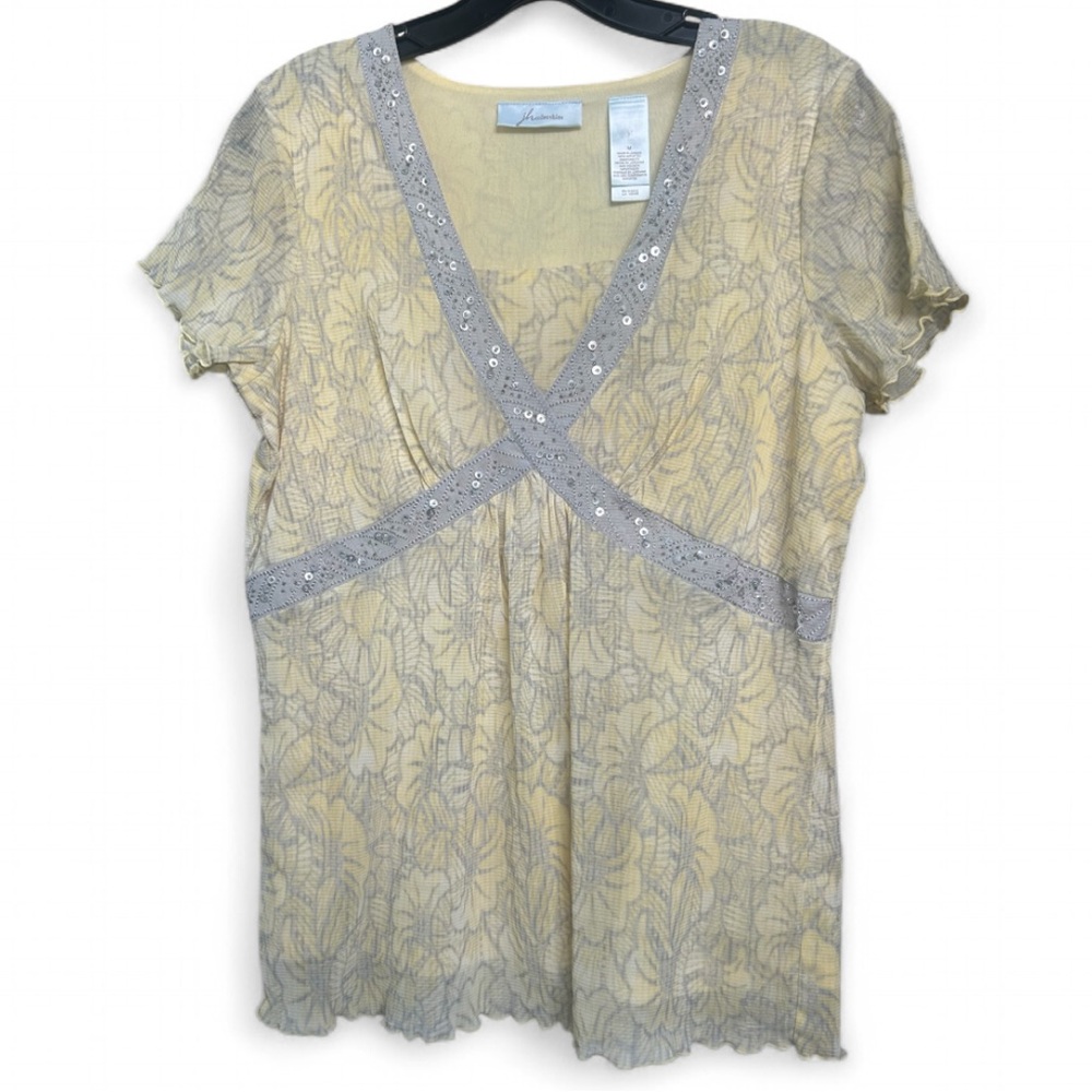 Y2K JH Collectibles Babydoll Yellow Sequin Floral Mesh Top Fairy Coquette Size M